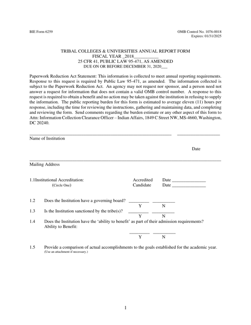 BIE Form 6259 Tribal Colleges & Universities Annual Report Form