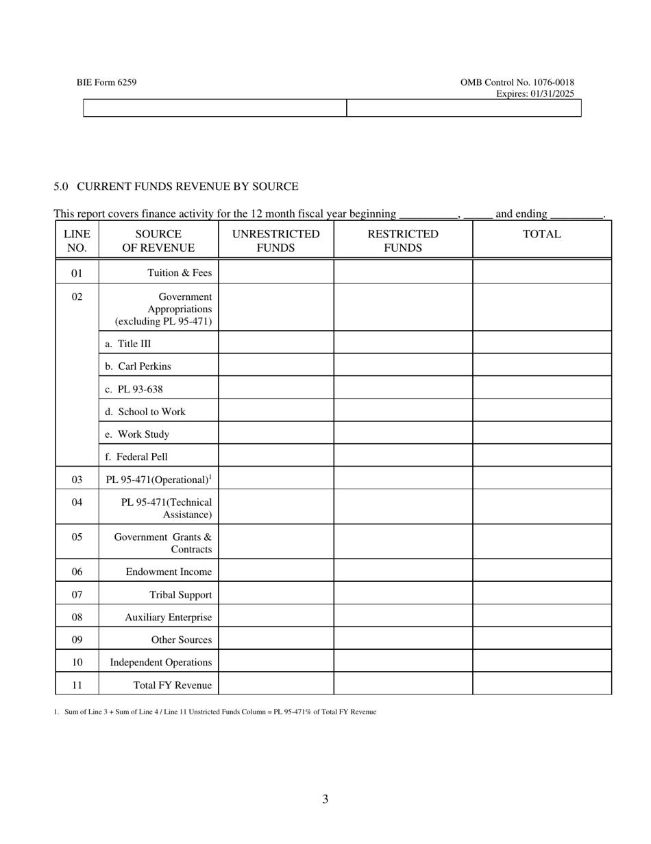 BIE Form 6259 Tribal Colleges  Universities Annual Report Form, Page 3