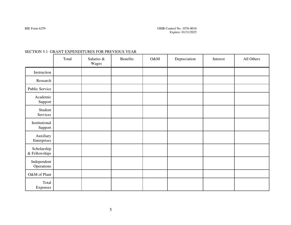BIE Form 6259 Tribal Colleges  Universities Annual Report Form, Page 5