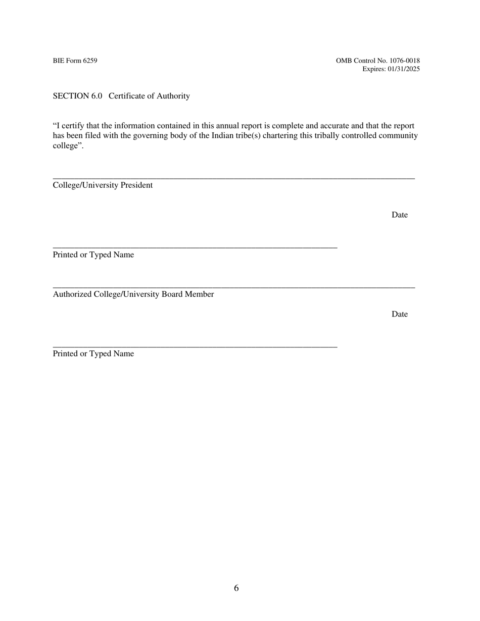 BIE Form 6259 Tribal Colleges  Universities Annual Report Form, Page 6