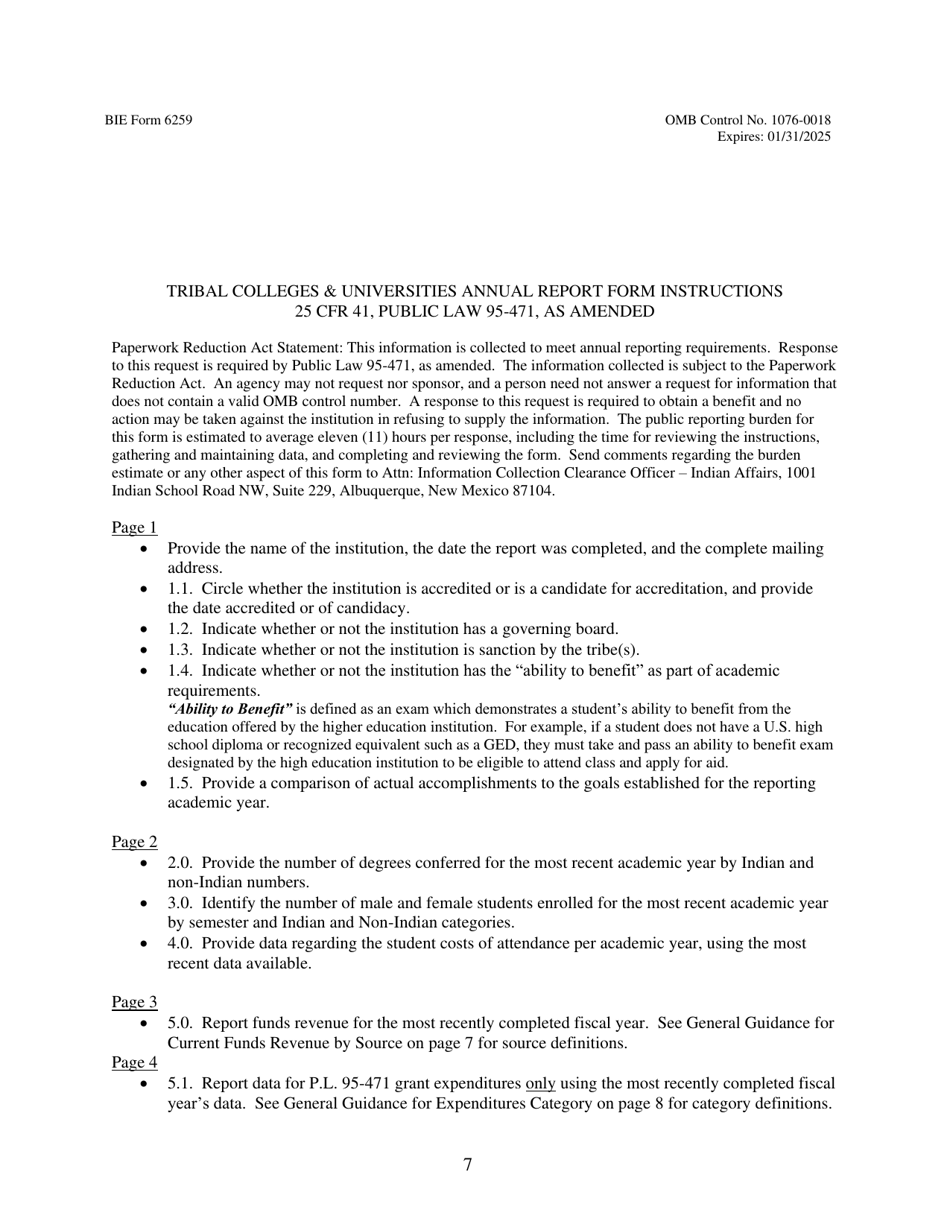 BIE Form 6259 Tribal Colleges  Universities Annual Report Form, Page 7