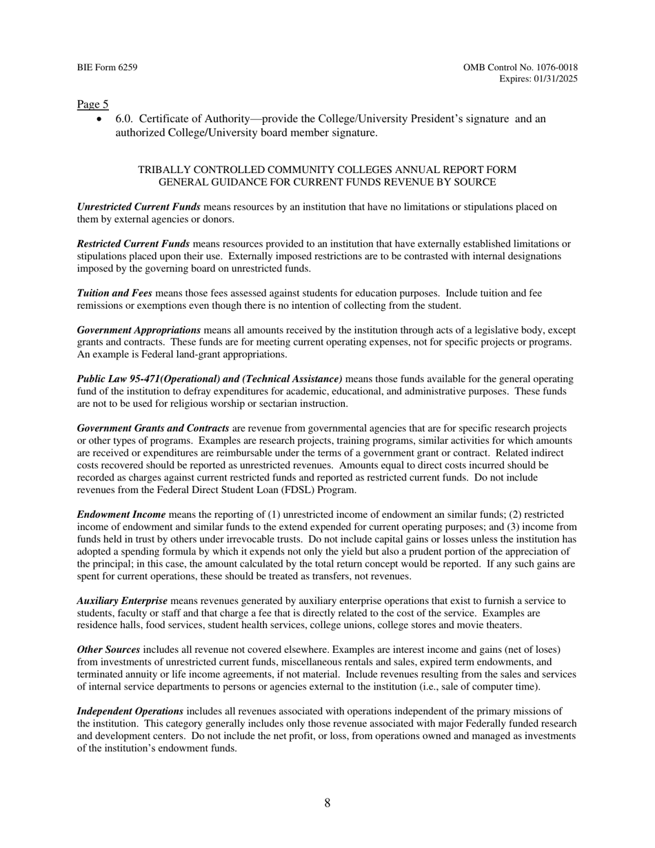 BIE Form 6259 Tribal Colleges  Universities Annual Report Form, Page 8