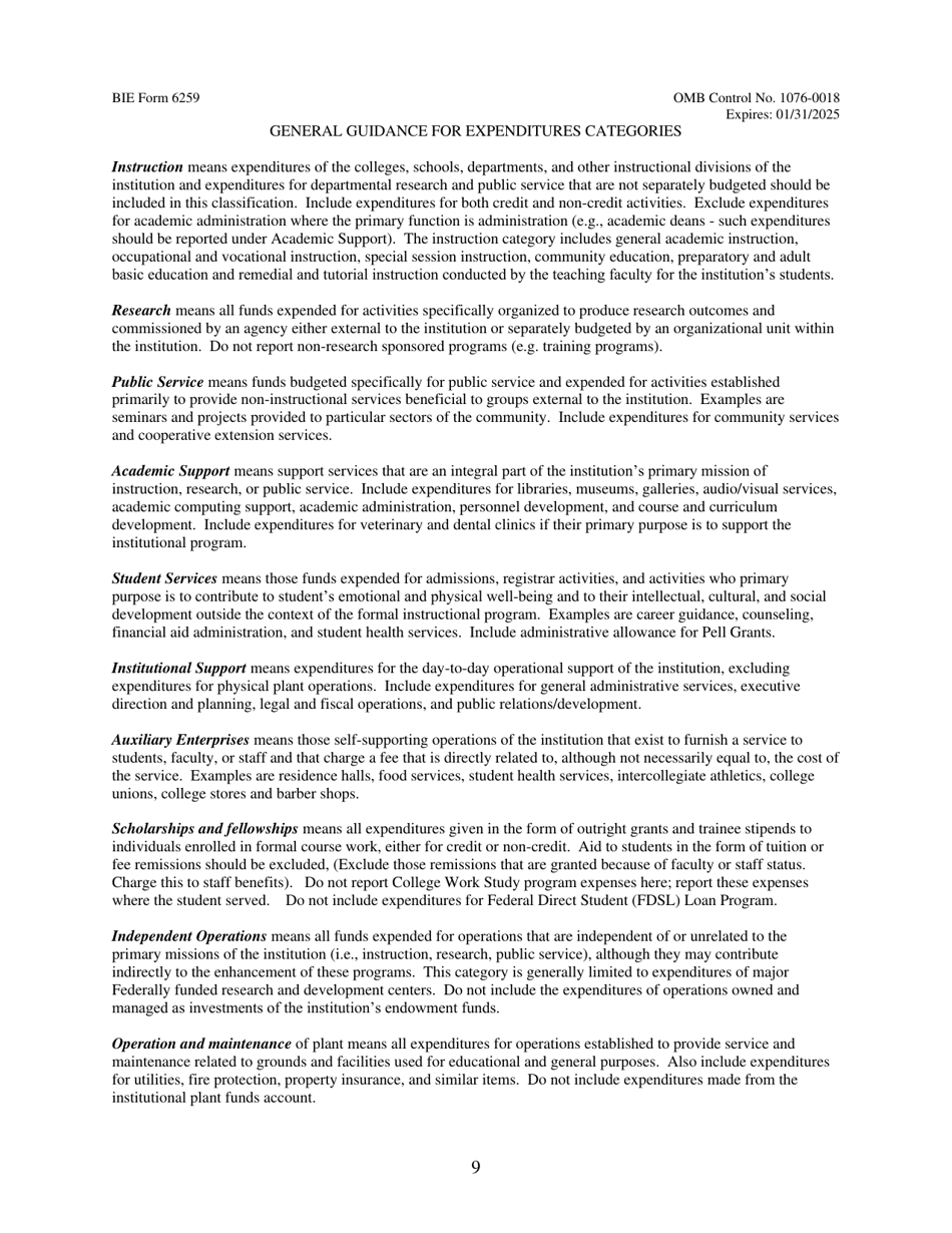 BIE Form 6259 Tribal Colleges  Universities Annual Report Form, Page 9