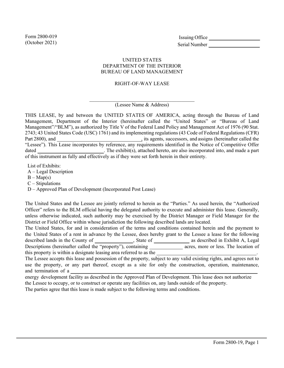 BLM Form 2800-19 Right-Of-Way Lease, Page 1