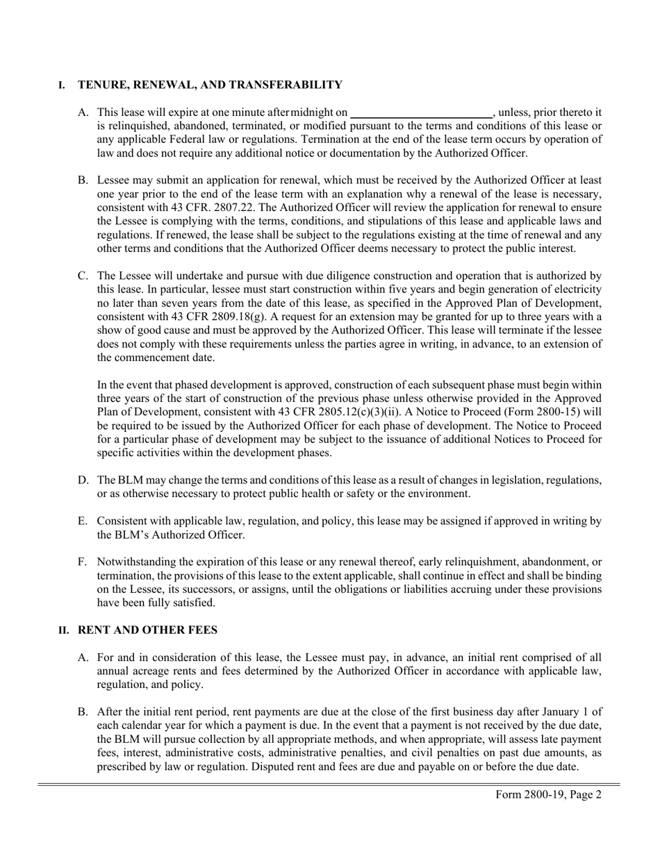 BLM Form 2800-19 Right-Of-Way Lease, Page 2