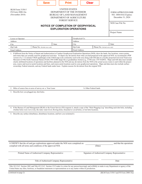 FS Form 2800-16A (BLM Form 3150-5) Notice of Completion of Geophysical Exploration Operations