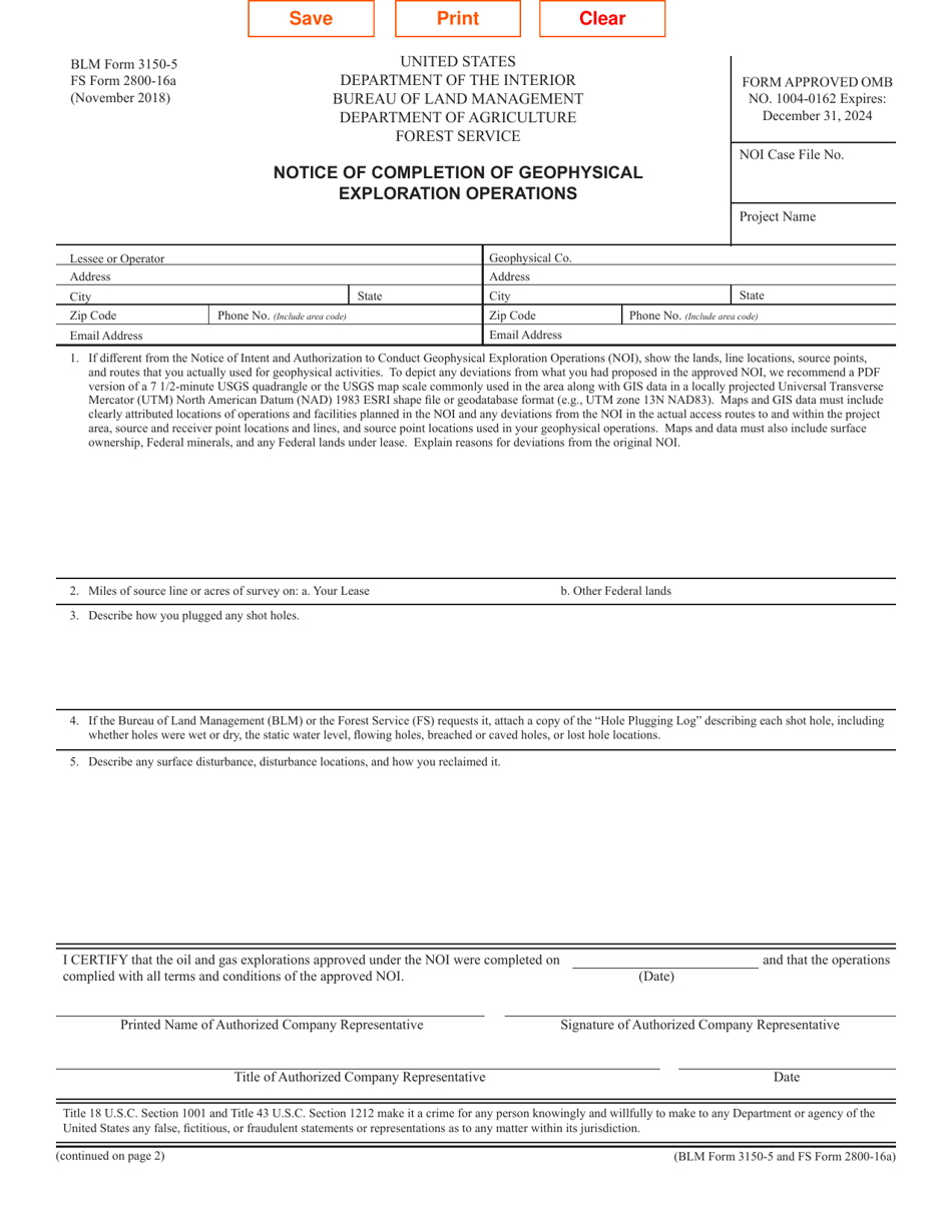 FS Form 2800-16A (BLM Form 3150-5) Notice of Completion of Geophysical Exploration Operations, Page 1