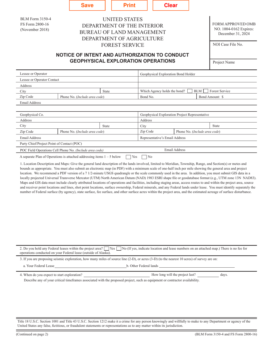 BLM Form 3150-4 (FS Form 2800-16) Notice of Intent and Authorization to Conduct Geophysical Exploration Operations, Page 1