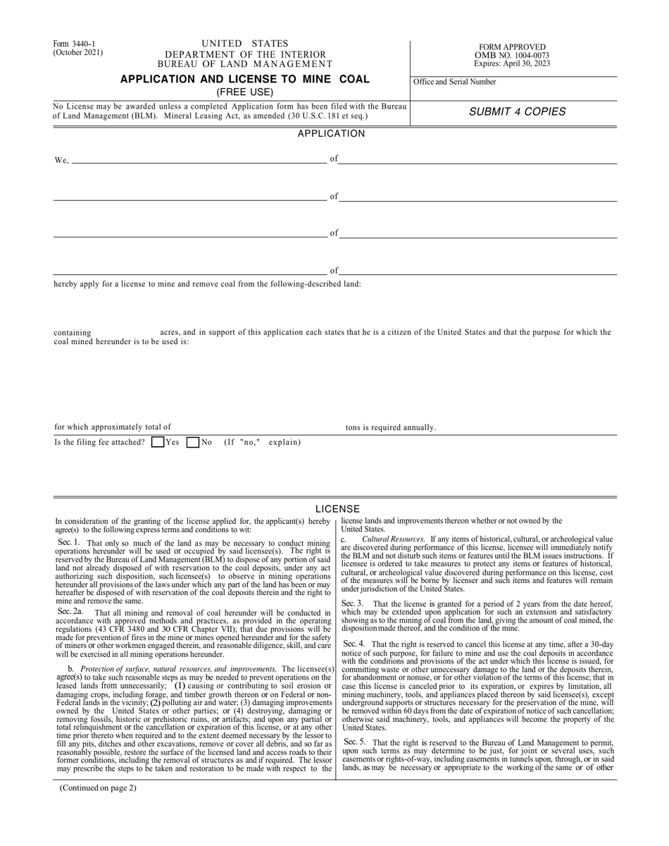 BLM Form 3440-1 Application and License to Mine Coal, Page 1