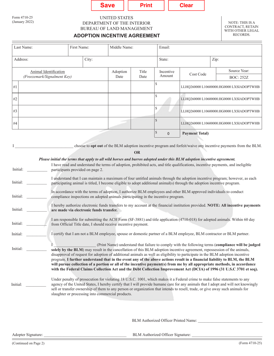 BLM Form 4710-25 Adoption Incentive Agreement, Page 1
