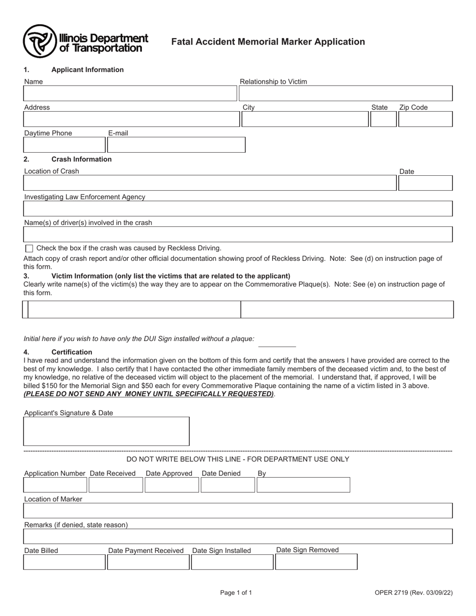 Form OPER2719 Fatal Accident Memorial Marker Application - Illinois, Page 1