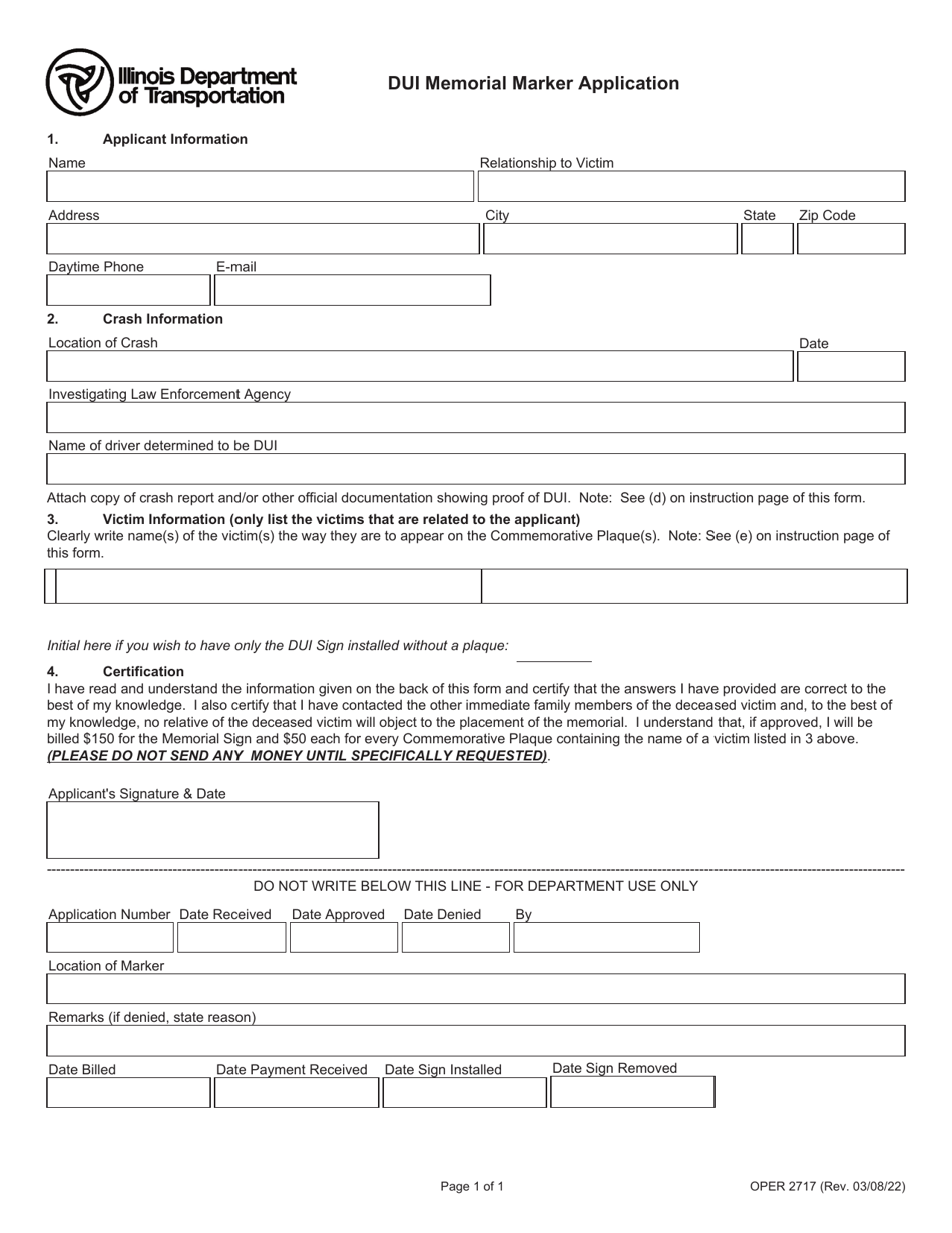 Form OPER2717 Dui Memorial Marker Application - Illinois, Page 1