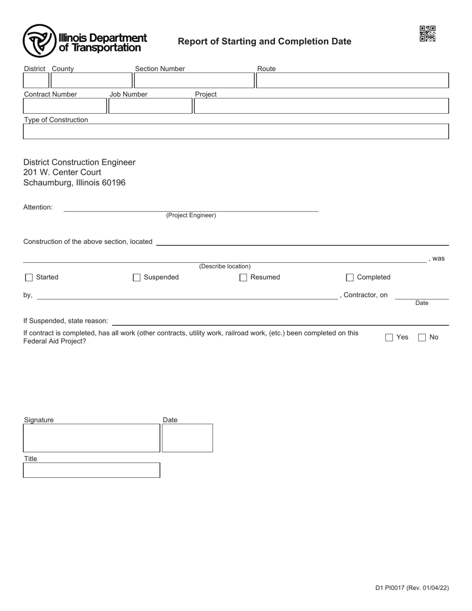 Form D1 PI0017 Report of Starting and Completion Date - Illinois, Page 1