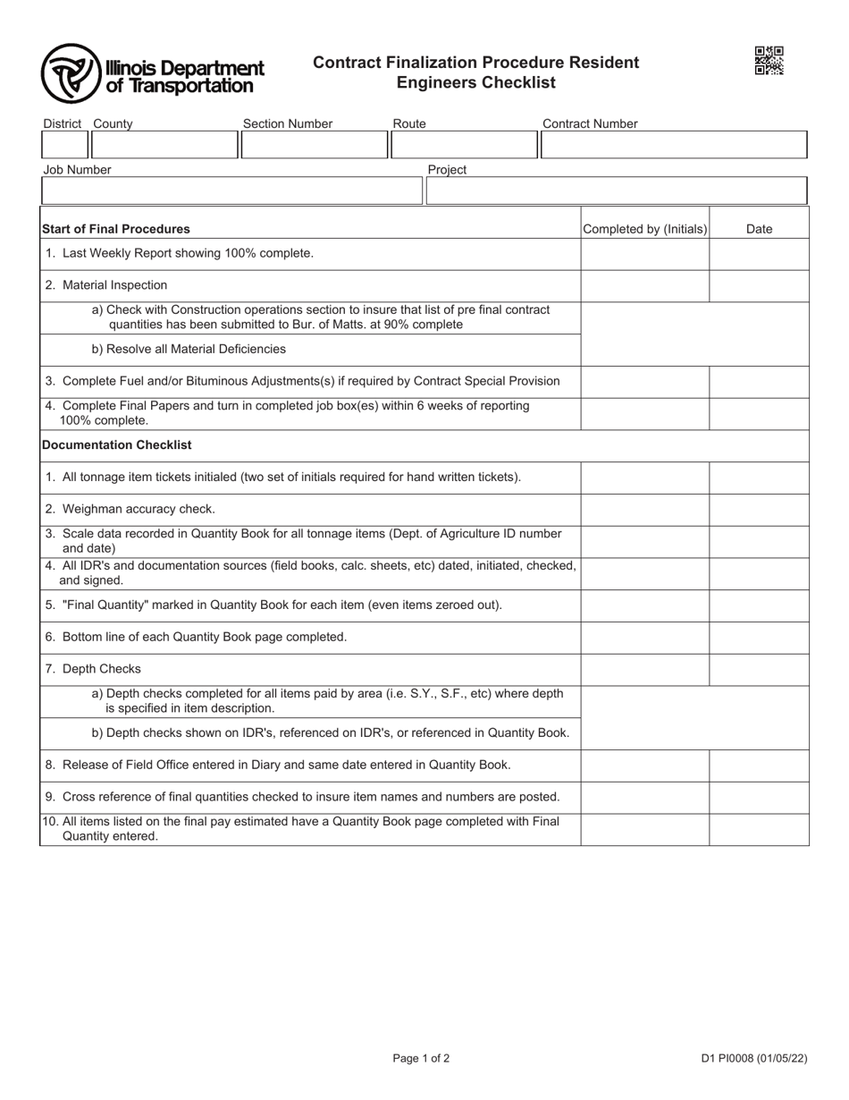 Form D1 PI0008 Contract Finalization Procedure Resident Engineers Checklist - Illinois, Page 1