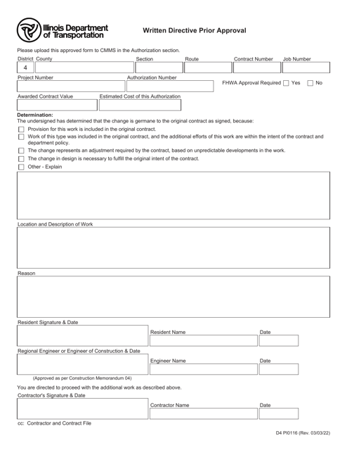 Form D4 PI0116 Written Directive Prior Approval - Illinois