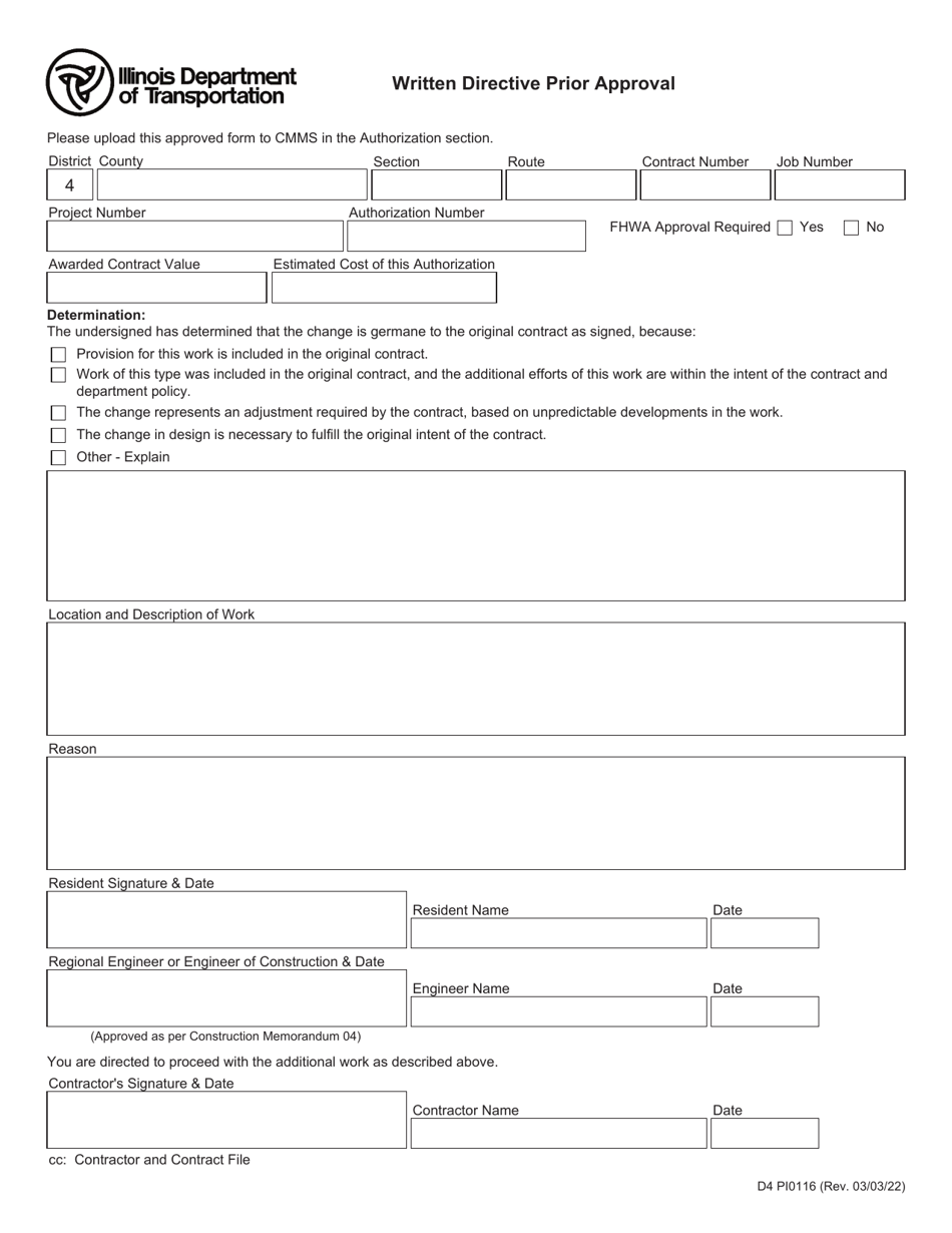 Form D4 PI0116 Written Directive Prior Approval - Illinois, Page 1