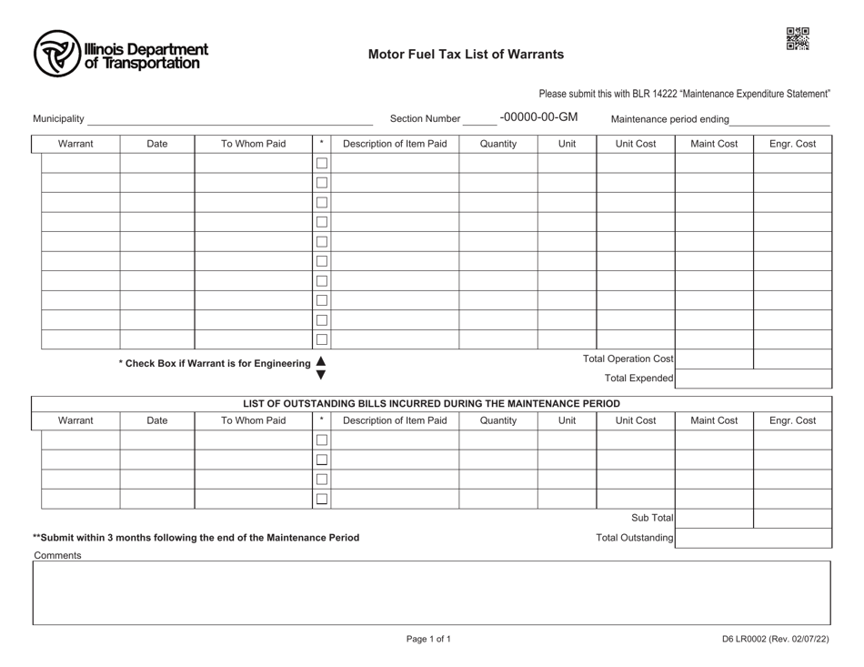 Form D6LR0002 Motor Fuel Tax List of Warrants - Illinois, Page 1