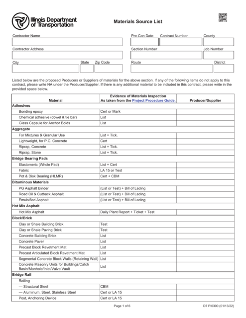 Form D7 PI0300 Materials Source List - Illinois