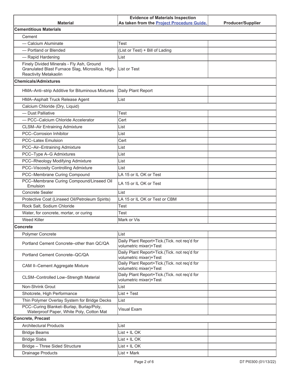 Form D7 PI0300 Materials Source List - Illinois, Page 2