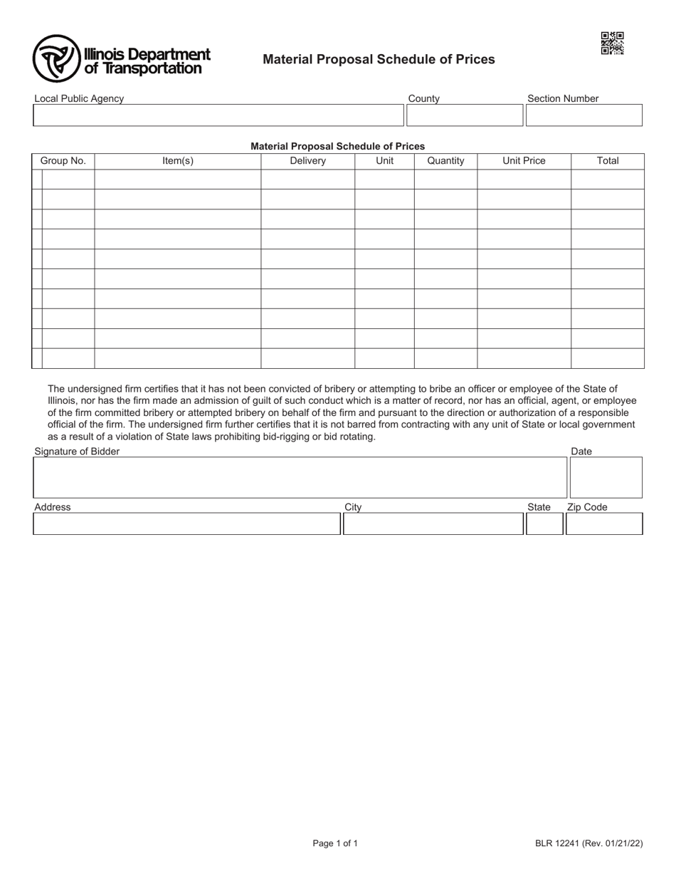 Form BLR12241 Material Proposal Schedule of Prices - Illinois, Page 1