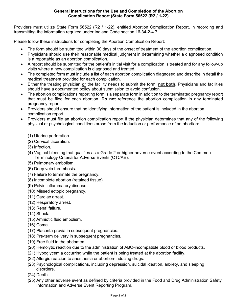 State Form 56522 Abortion Complication Report - Indiana, Page 2
