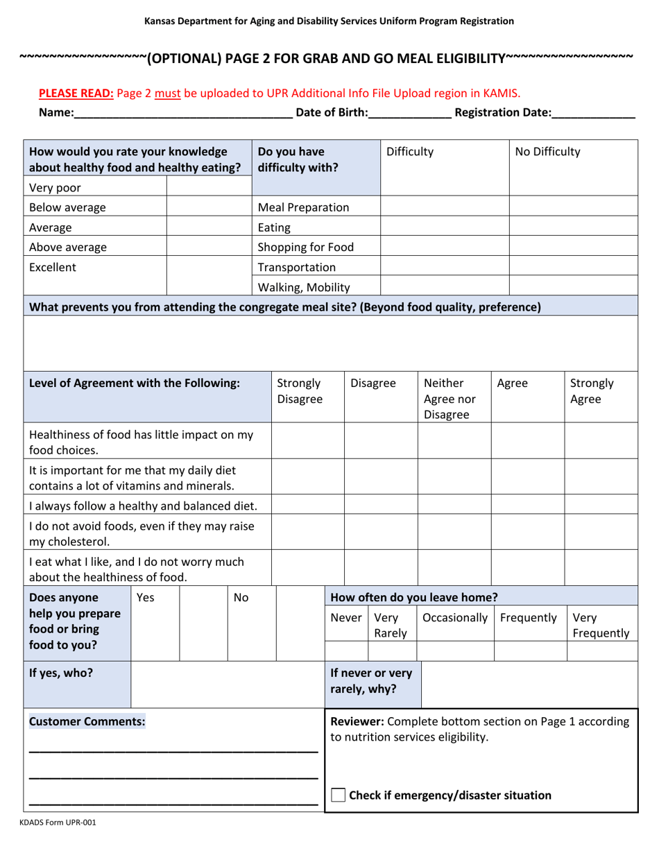 KDADS Form UPR-001 Page 2 Services Uniform Program Registration - Optional Page for Grab and Go Meal Eligibility - Kansas, Page 1