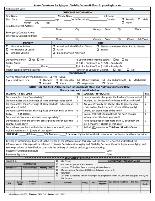 KDADS Form UPR-001  Printable Pdf