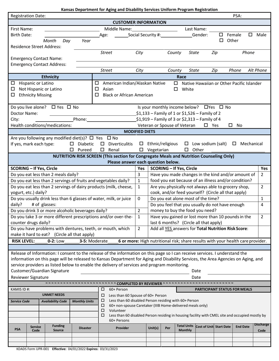 KDADS Form UPR-001 Uniform Program Registration - Kansas, Page 1