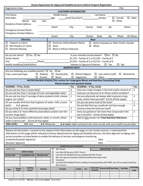 KDADS Form UPR-001 Page 1  Printable Pdf