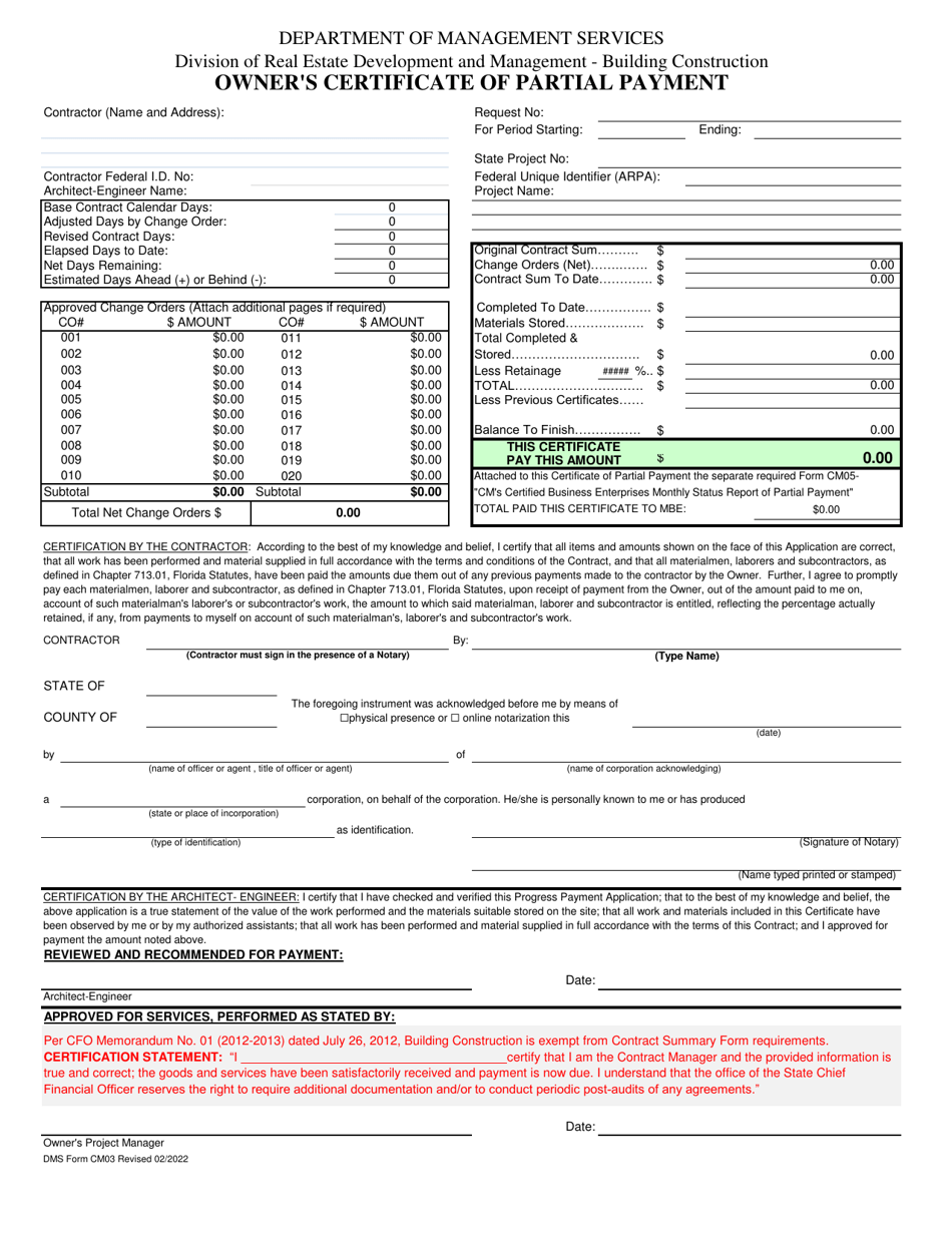 DMS Form CM03 Owners Certificate of Partial Payment - Florida, Page 1