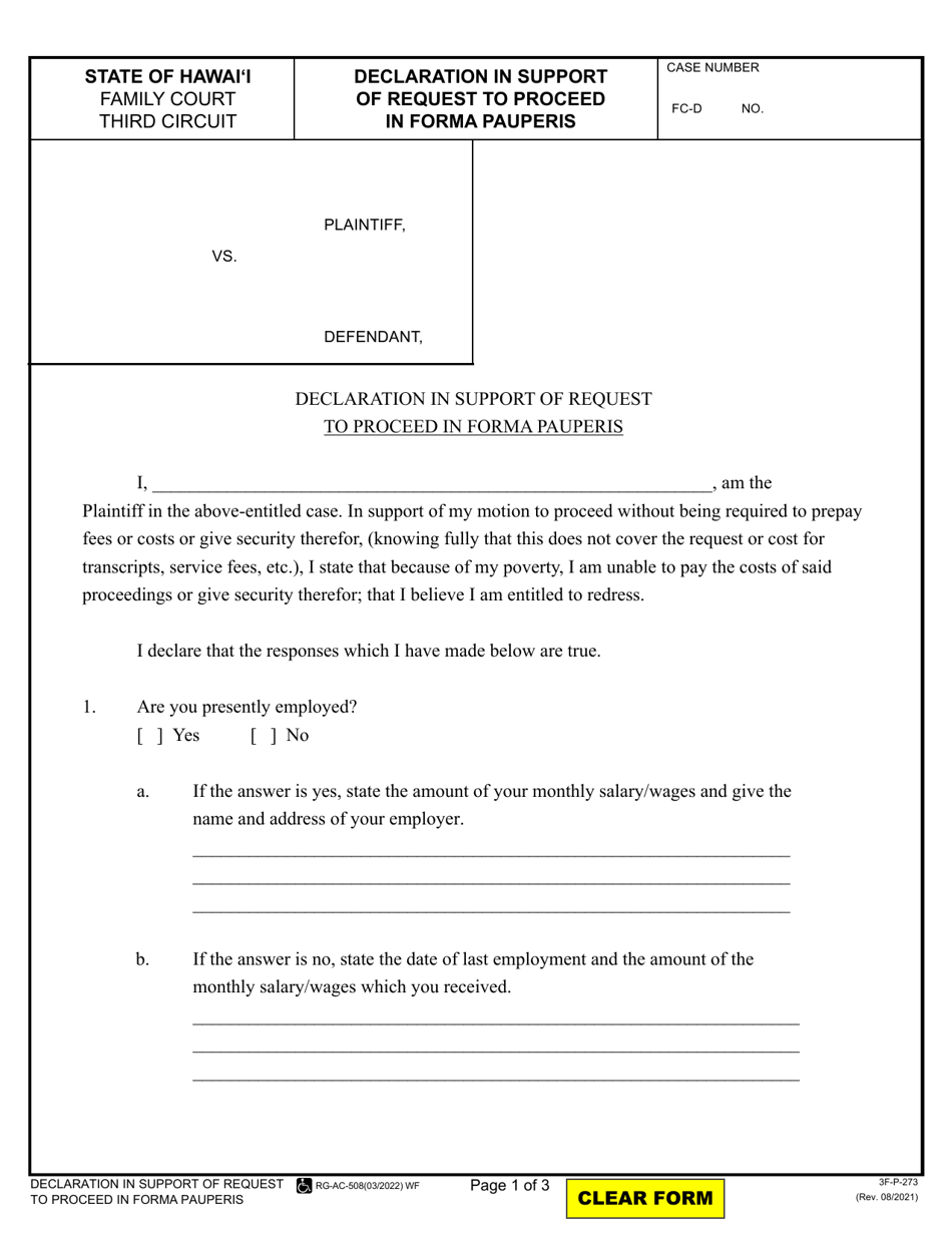 Form 3F P 273 Download Fillable PDF Or Fill Online Declaration In   Form 3f P 273 Declaration In Support Of Request To Proceed In Forma Pauperis Hawaii Print Big 