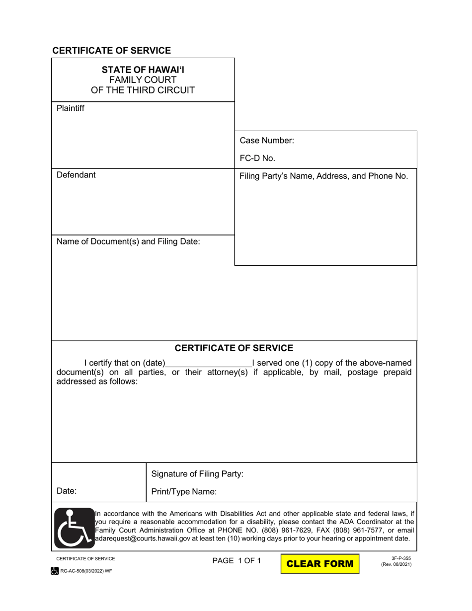Form 3F-P-355 Certificate of Service - Hawaii, Page 1