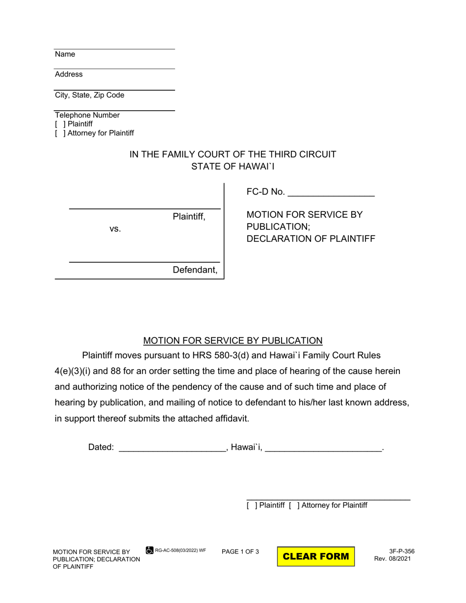 Form 3F-P-356 Motion for Service by Publication; Declaration of Plaintiff - Hawaii, Page 1