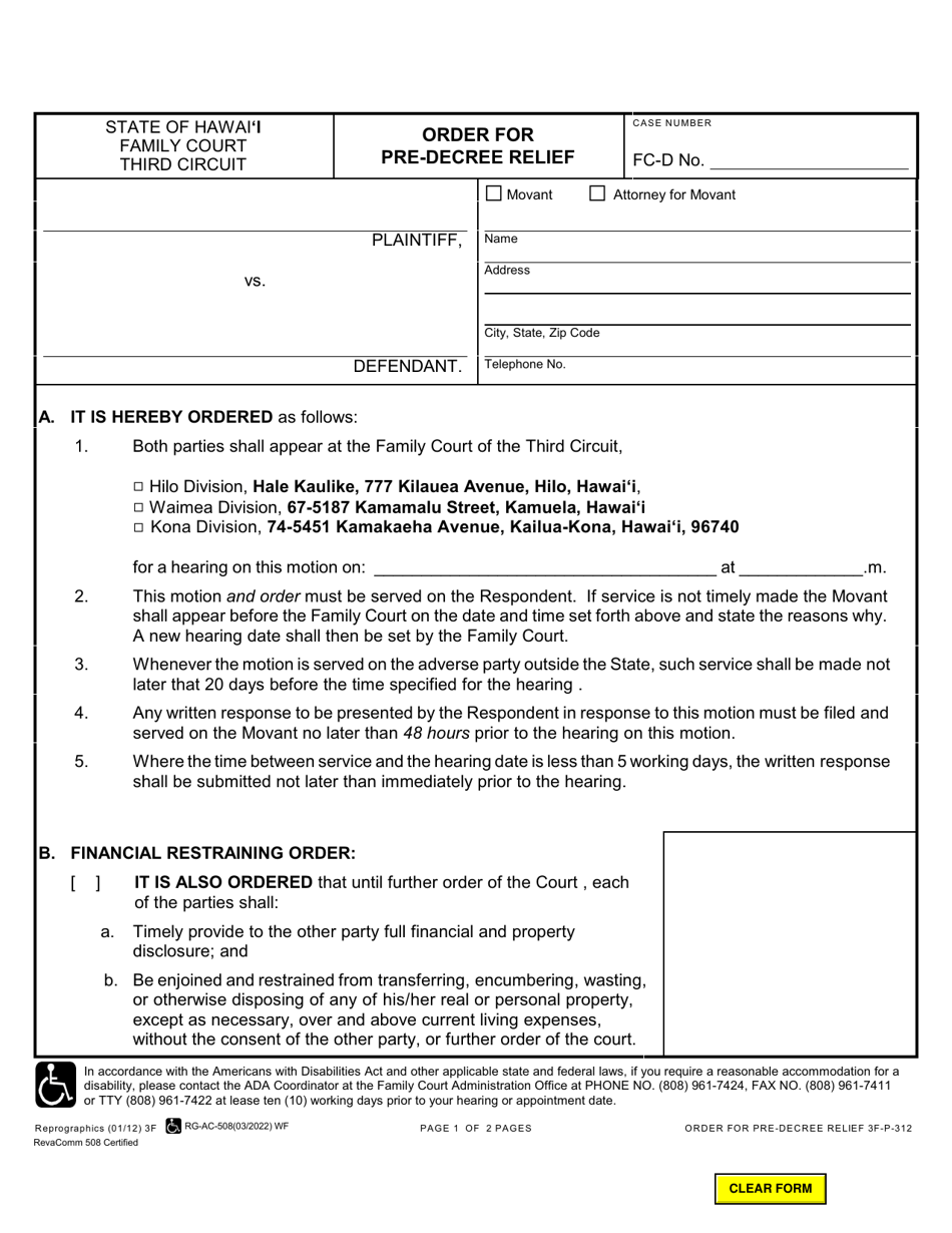 Form 3F-P-312 Order for Pre-decree Relief - Hawaii, Page 1