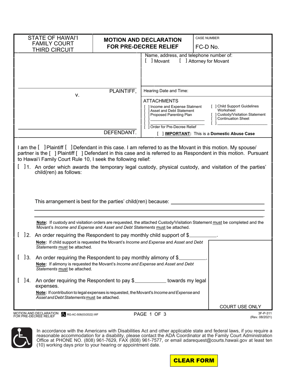 Form 3F-P-311 Motion and Declaration for Pre-decree Relief - Hawaii, Page 1