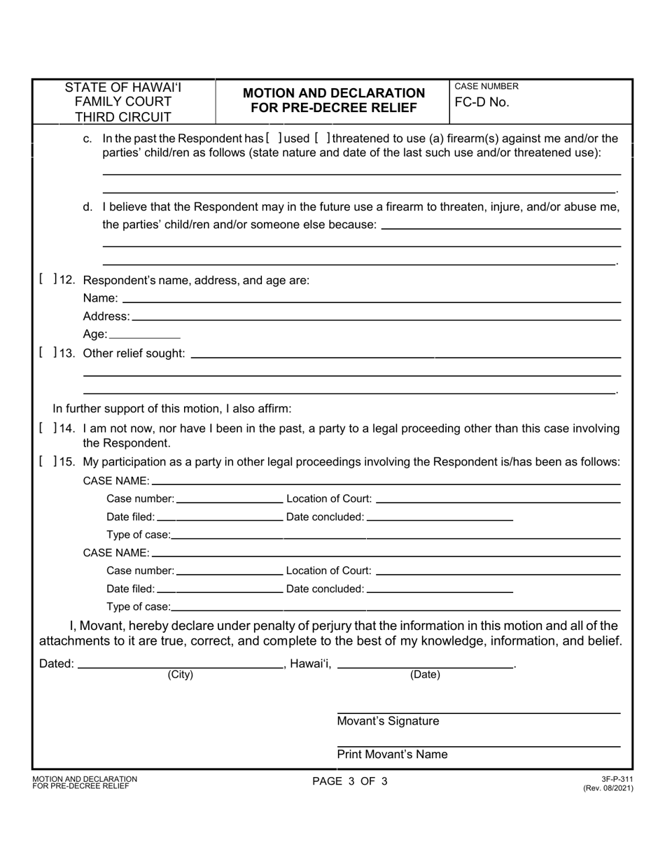 Form 3F-P-311 Motion and Declaration for Pre-decree Relief - Hawaii, Page 3