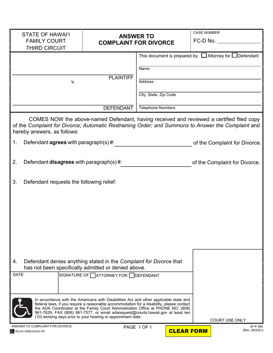 Form 3F-P-360 Answer to Complaint for Divorce - Hawaii, Page 1