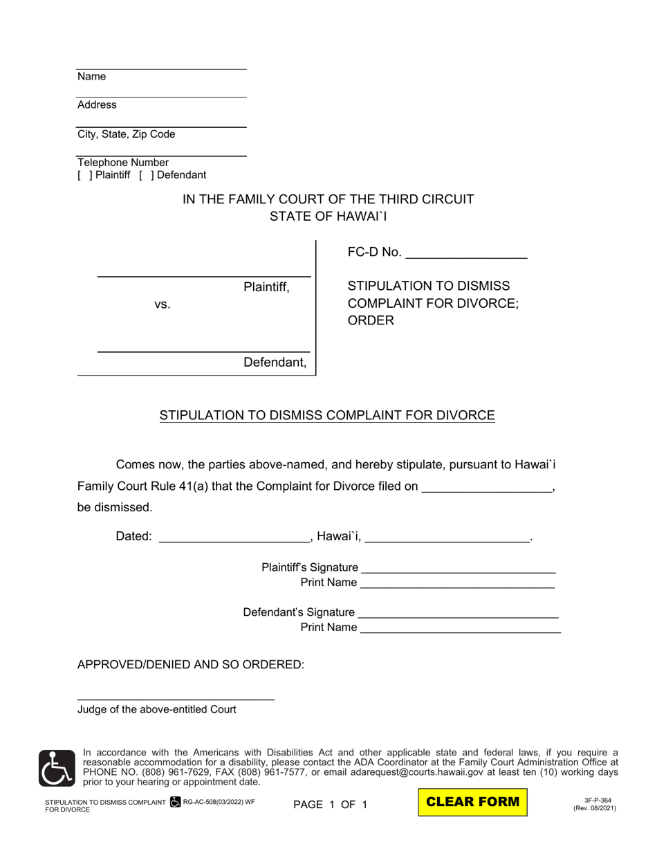 Form 3F-P-364 Stipulation to Dismiss Complaint for Divorce; Order - Hawaii, Page 1