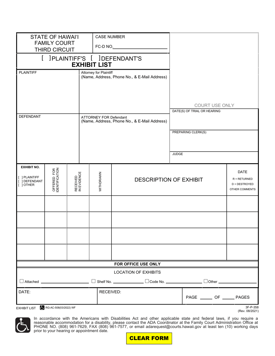 Form 3F-P-358 Plaintiffs / Defendants Exhibit List - Hawaii, Page 1