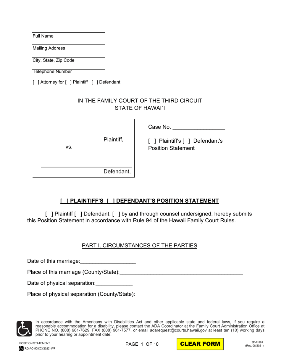 Form 3F-P-361 Plaintiffs / Defendants Position Statement - Hawaii, Page 1