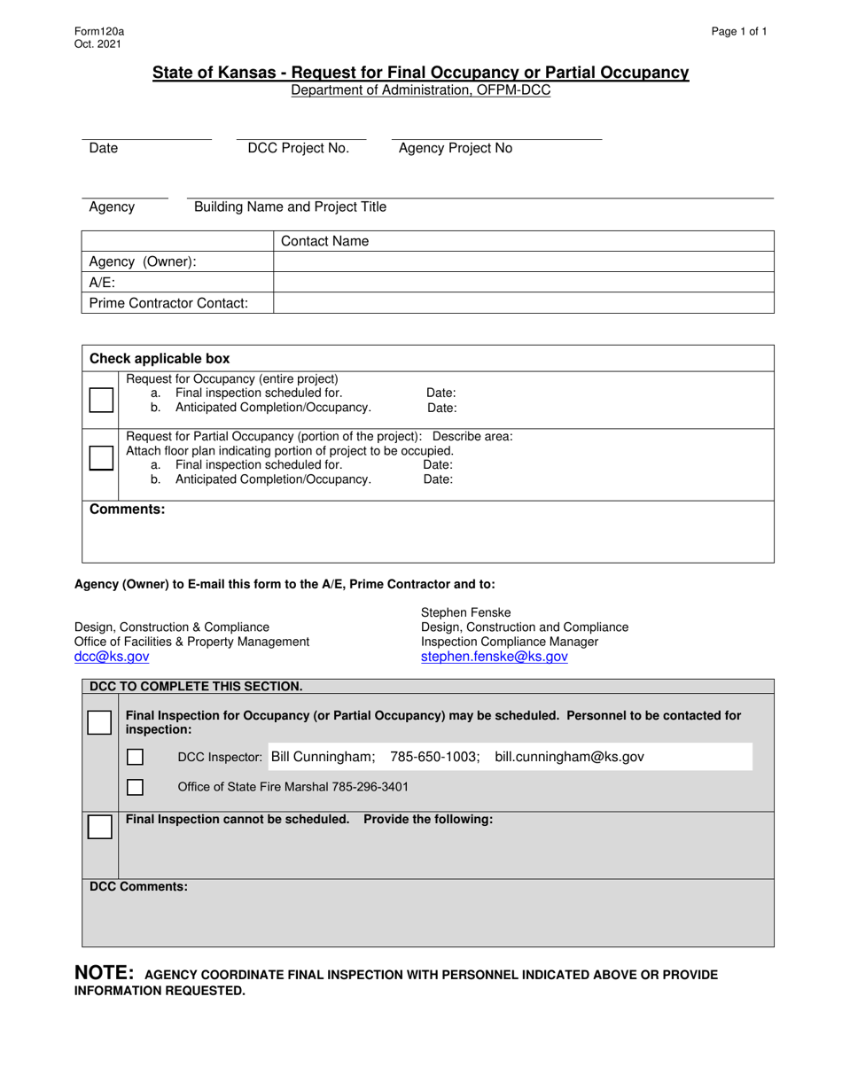Form 120A Request for Final Occupancy or Partial Occupancy - Kansas, Page 1