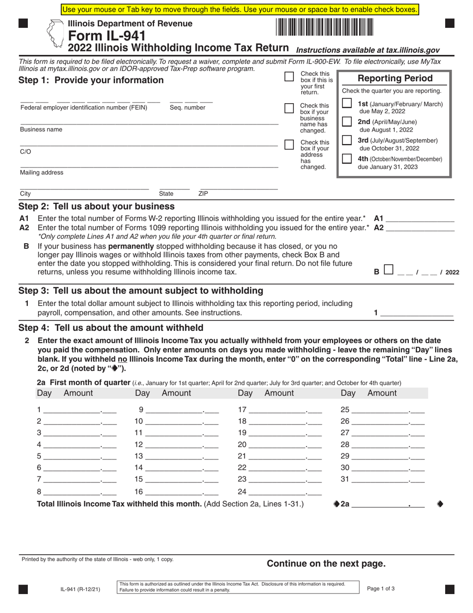 Form IL941 Download Fillable PDF or Fill Online Illinois Withholding