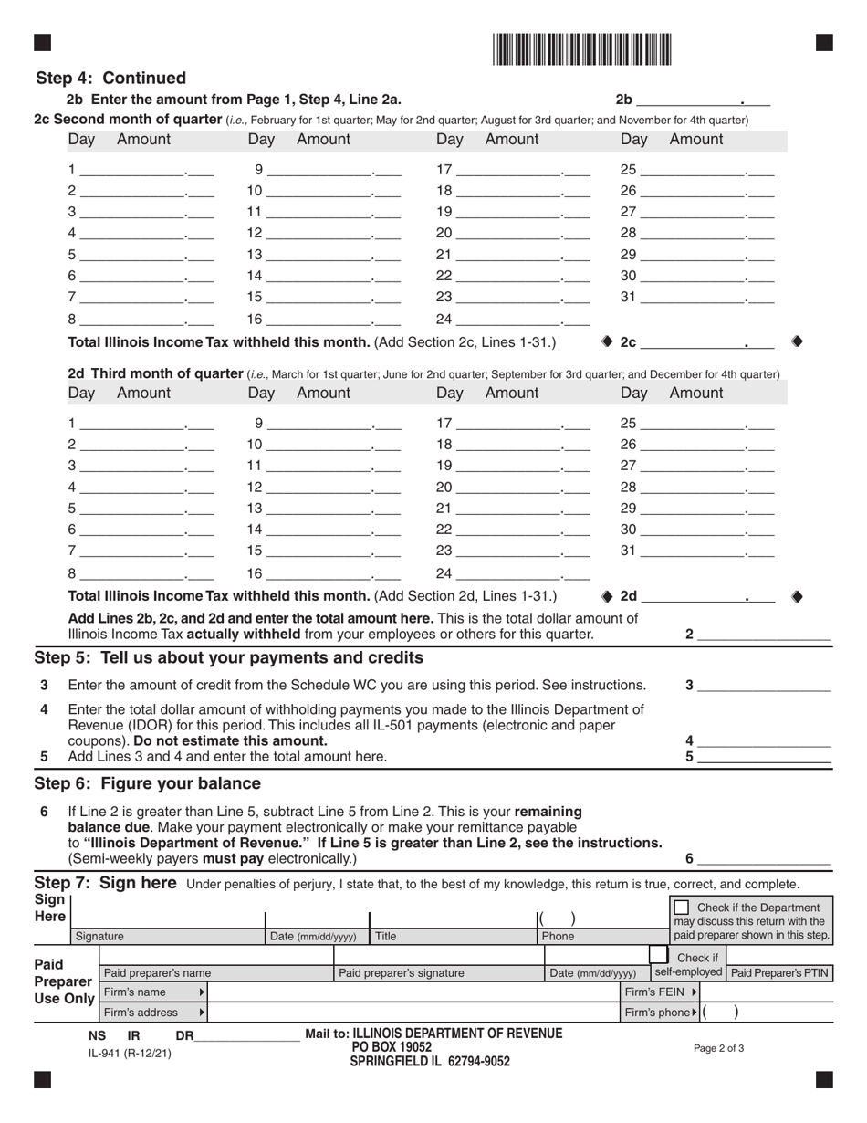 Form IL941 Download Fillable PDF or Fill Online Illinois Withholding