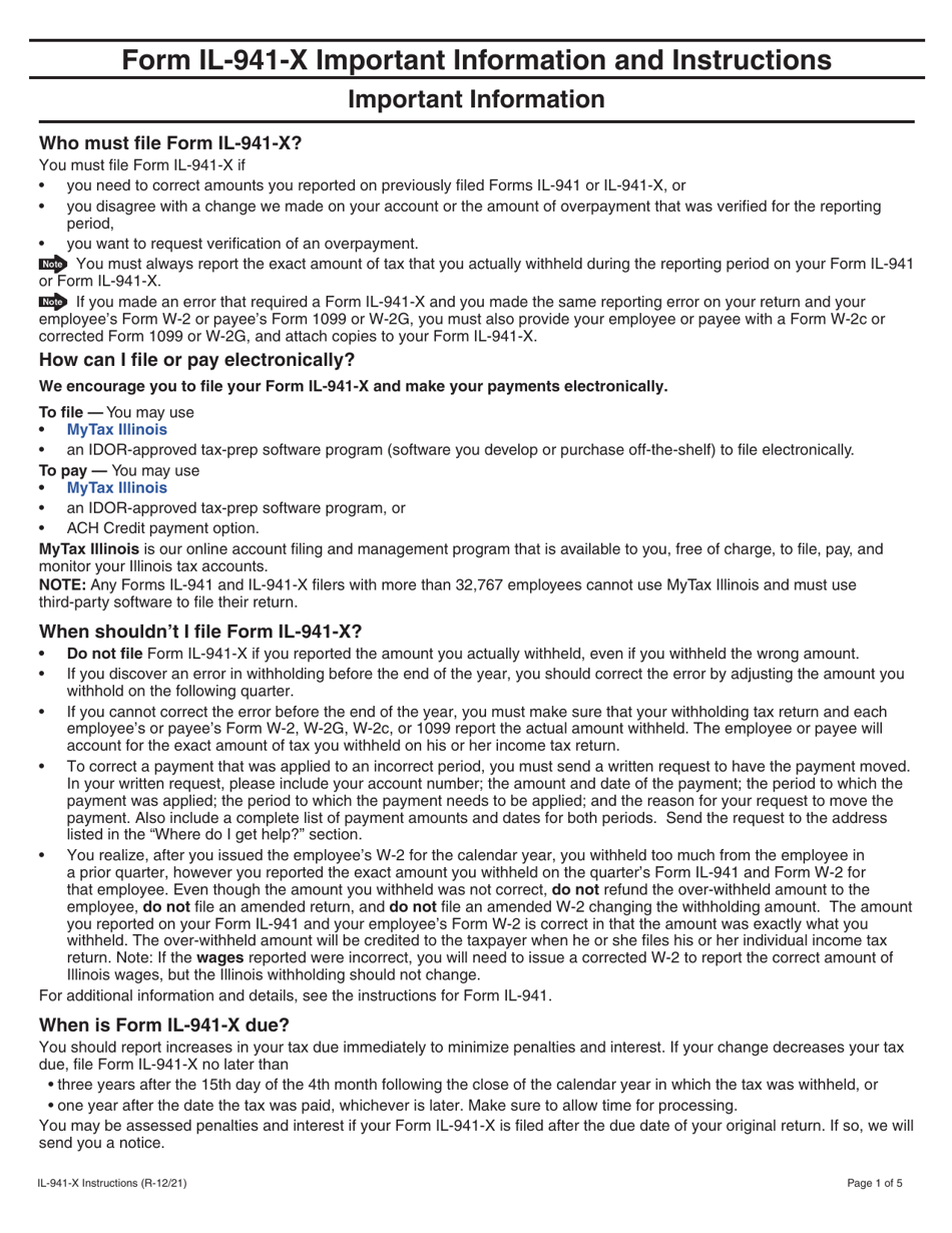 Download Instructions For Form Il 941 X Amended Illinois Withholding Income Tax Return Pdf 2022 5822