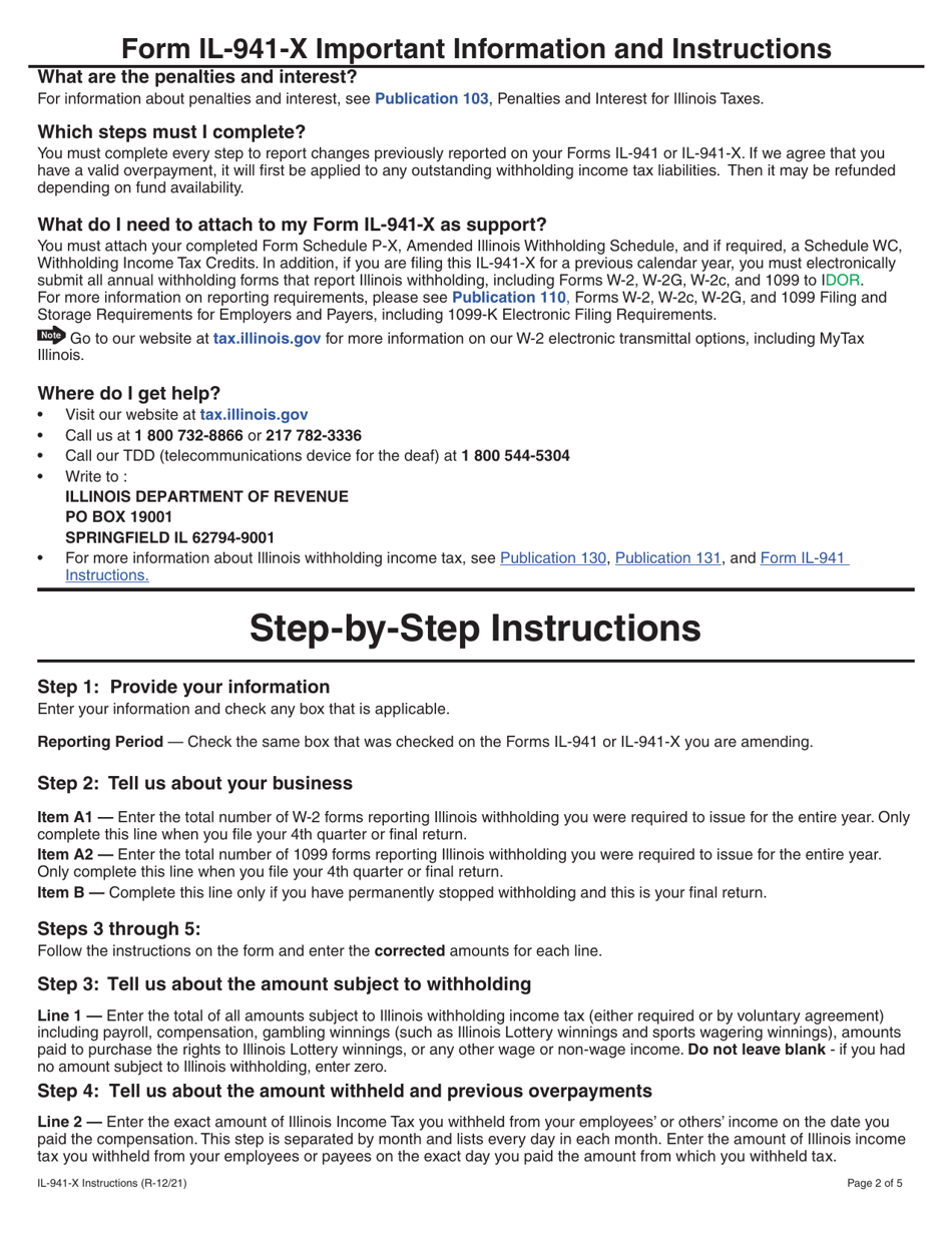 Instructions for Form IL-941-X Amended Illinois Withholding Income Tax Return - Illinois, Page 2