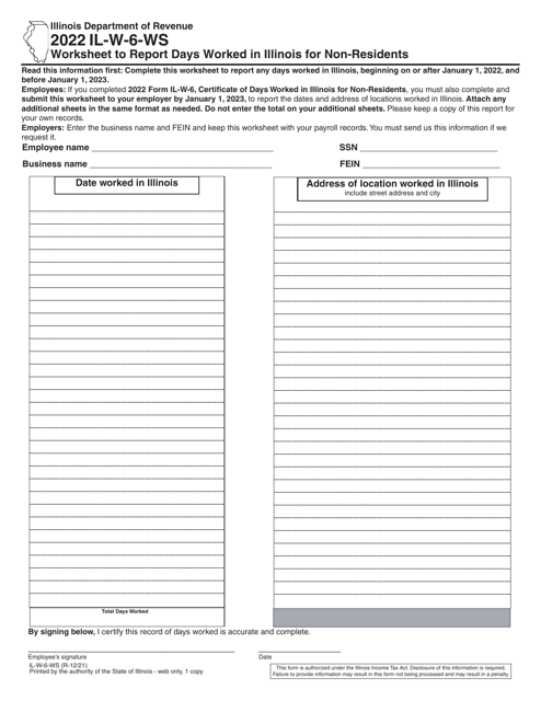 Form IL-W-6-WS Worksheet to Report Days Worked in Illinois for Non-residents - Illinois, 2022