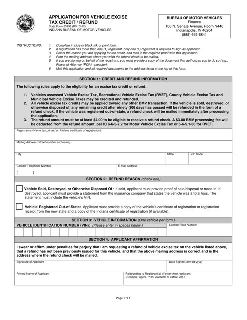 State Form 55296 Application for Vehicle Excise Tax Credit/Refund - Indiana