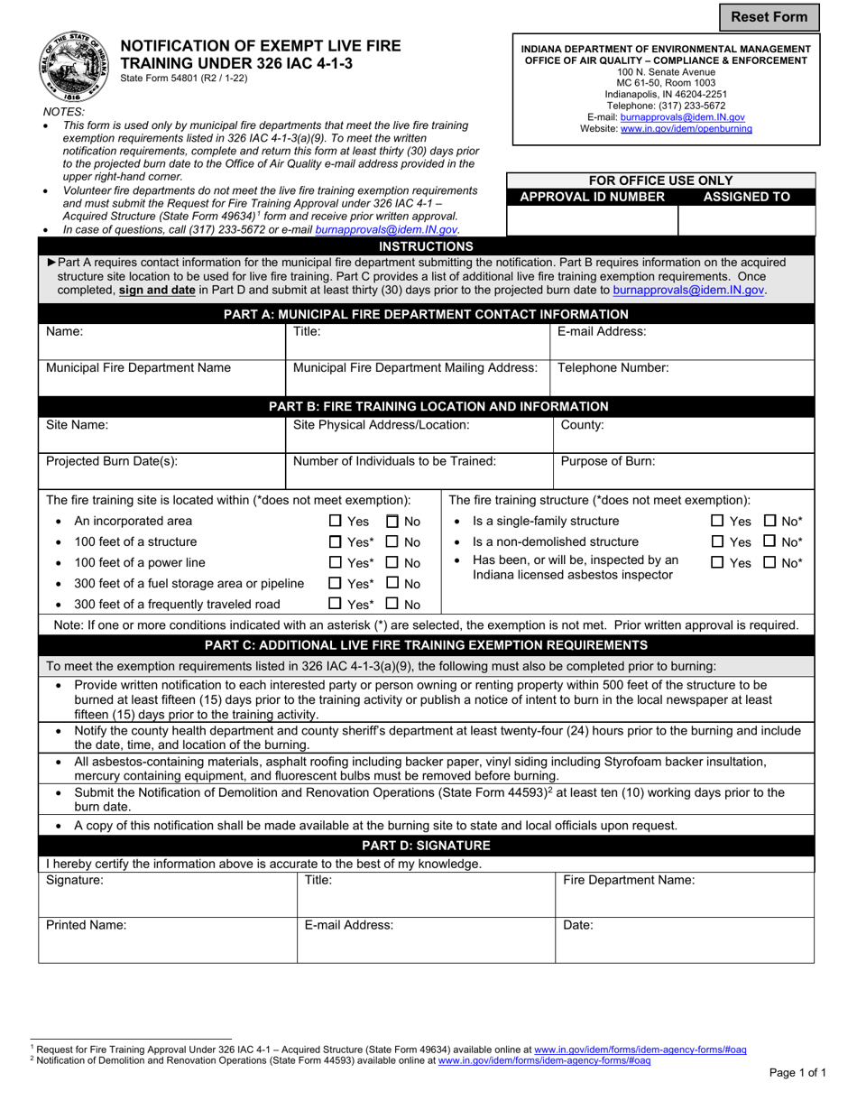 State Form 54801 Notification of Exempt Live Fire Training Under 326 Iac 4-1-3 - Indiana, Page 1