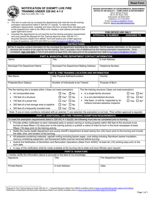 State Form 54801 Notification of Exempt Live Fire Training Under 326 Iac 4-1-3 - Indiana