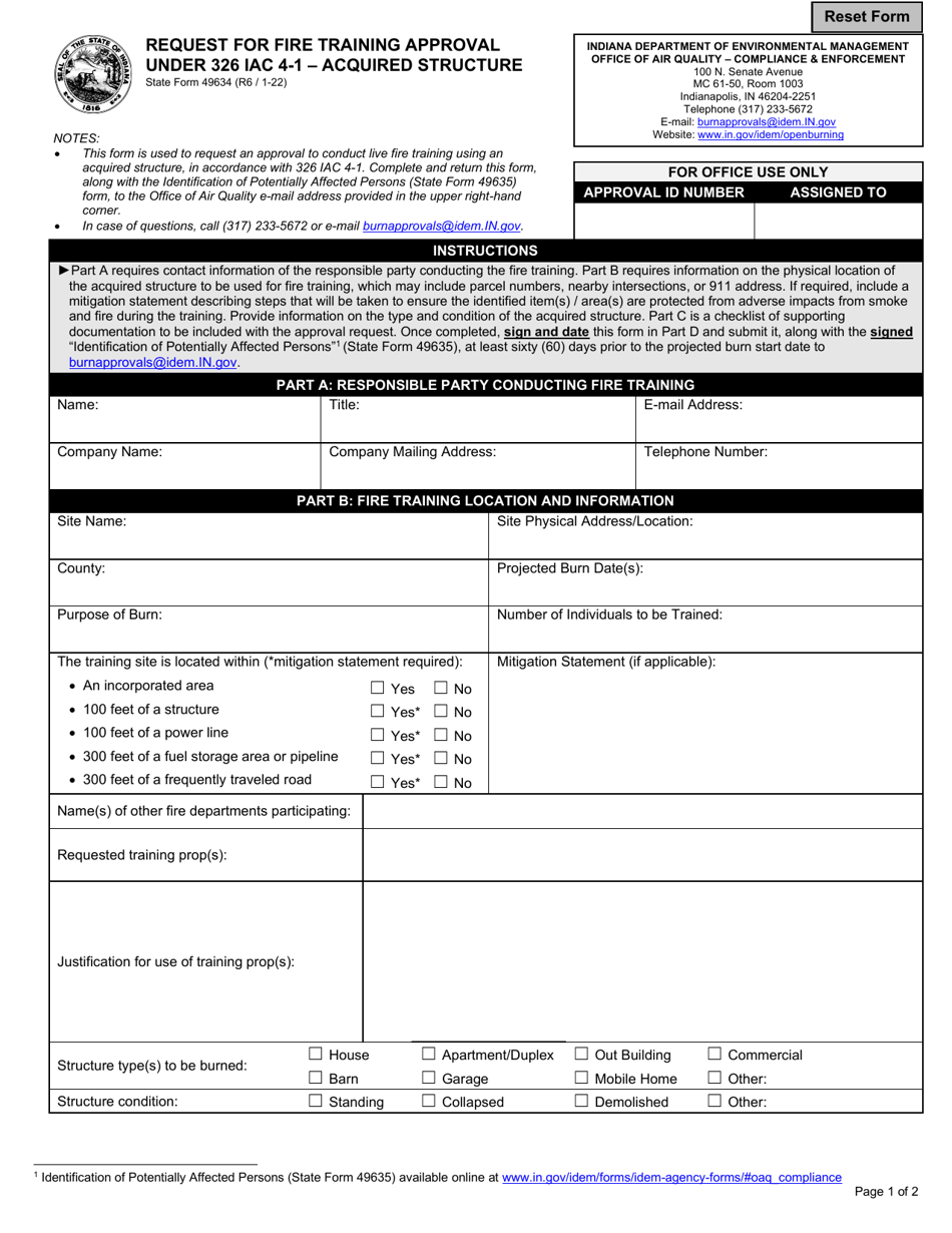 State Form 46934 Request for Fire Training Approval Under 326 Iac 4-1 - Acquired Structure - Indiana, Page 1